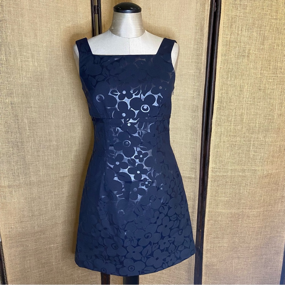 Nanette Lepore navy blue sleeveless floral embossed cocktail dress. Size 4.